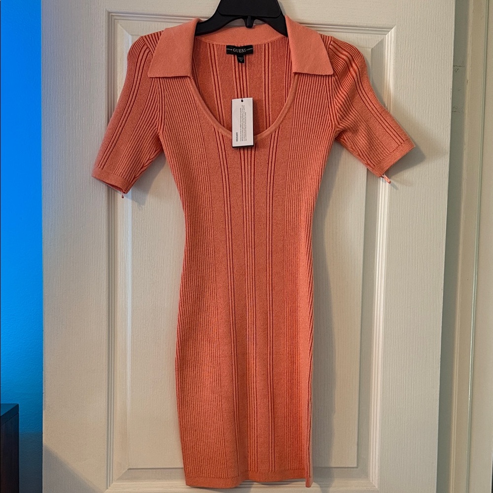 Guess Delicado Coral Ribbed Mini Dress
